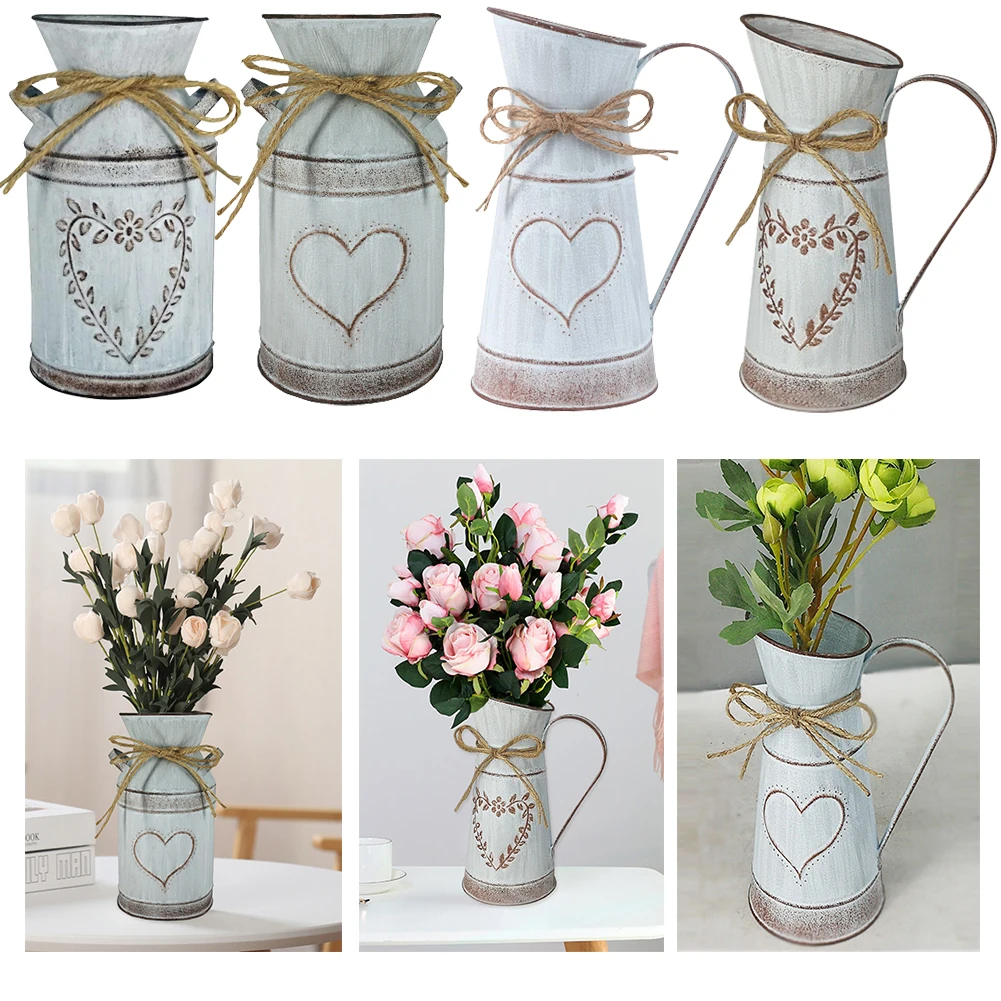 Vase Vintage Métal Galvanisé Shabby Chic 19,5cm - Pot à Lait Coeur Pour Décoration Maison & Mariage