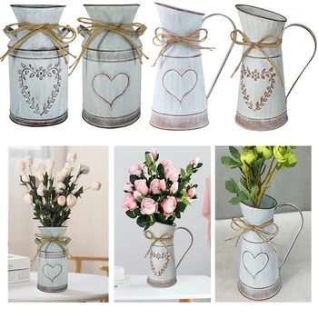 Vintage Garden Metal Flower Vases Home Wedding Artificial Flowers Bucket Barrel Holder Shabby Chic Country Style Jug Can Craft 1