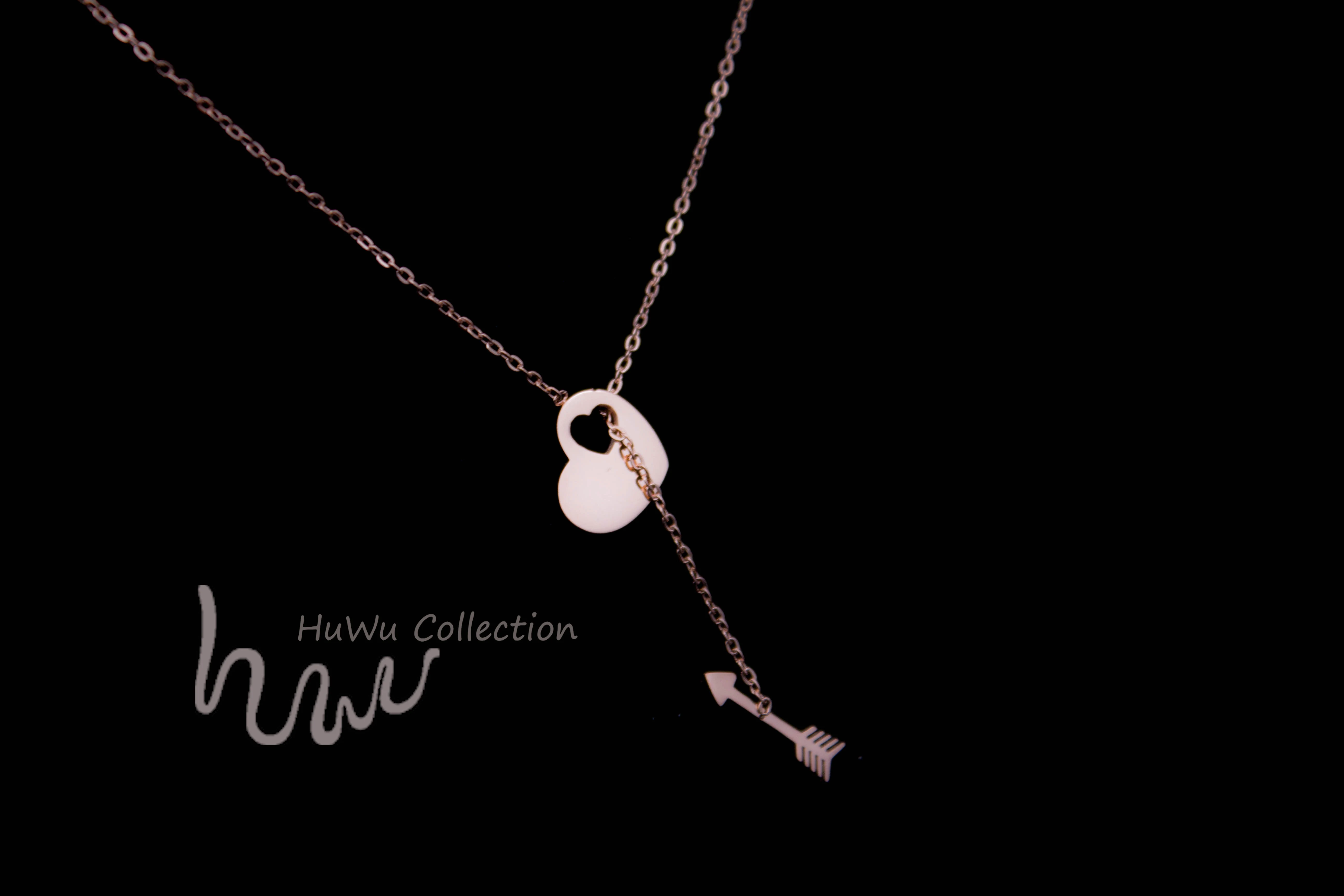 Arrow and Heart Double Pendants Women's Adorable Necklace Anti-Allergy Stainless Steel Covered by Rose Gold