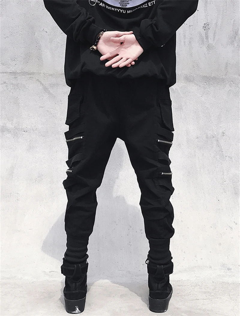 2022 Joggers Cargo Pants for Men Casual Hip Hop Zippers Pocket Male Trousers Sweatpants Autumn Streetwear Ribbons Techwear Pants black cargo trousers