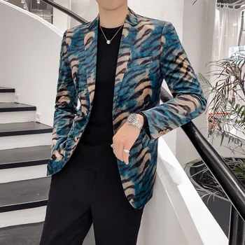 

Autumn Winter Suit Design Leopard Print Velvet Club Party Prom Jacket Men Mandarin Slim Fit Blazer Homme