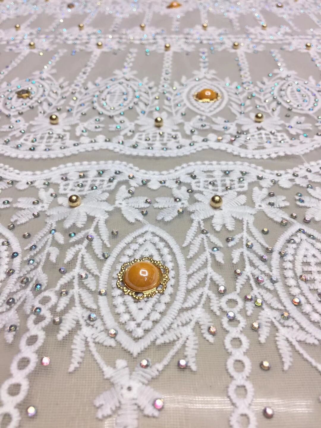 

White African Embroidered Tulle Lace Fabric With Stones Cheap African Tulle Lace With Stones 5yards French Net Lace D2390