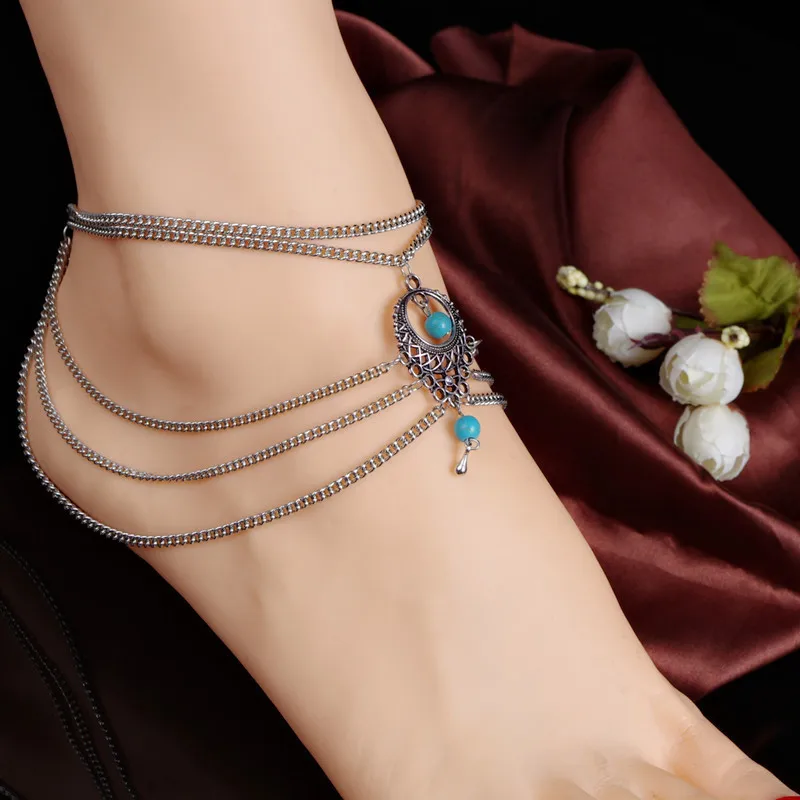 

Europe And America Accessories Retro National Wind Hollow out Turquoise Water Droplet Ancient Silver Flower Anklet Foot Ornament