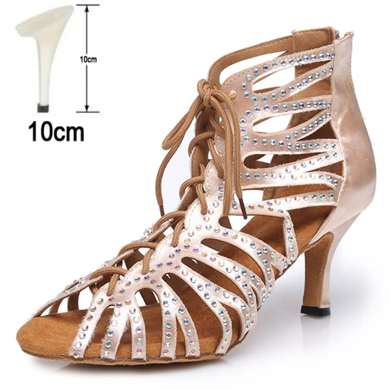 Beige 10CM HROYL/женская танцевальная обувь для латинских танцев; женские танцевальные сандалии для танго; Сальса; Самба; атлас+ стразы; вечерние туфли на каблуке 6-10 см - Цвет: Beige 10CM