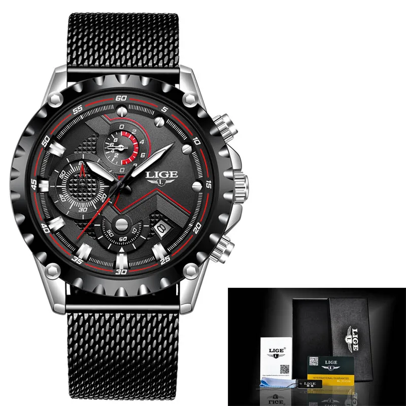 LIGE новые мужские часы из нержавеющей стали водонепроницаемые часы мужские модные спортивные кварцевые часы мужские деловые часы с датой Relojes Hombre+ коробка - Цвет: M black silver
