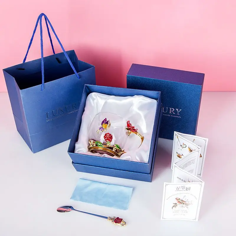 Red Rose Enamel Cup Flower Tea Cup Crystal Heat-resistant High Borosilicate Glass Gift Box Couple Business Gift Cup