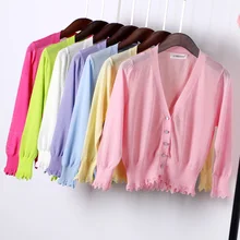 Ледяной шелк Лето Белый Черный Розовый Абрикосовый женский кружевной вязаный кардиган женский v-образный вырез Половина рукава повседневное тонкое короткое пальто дамы