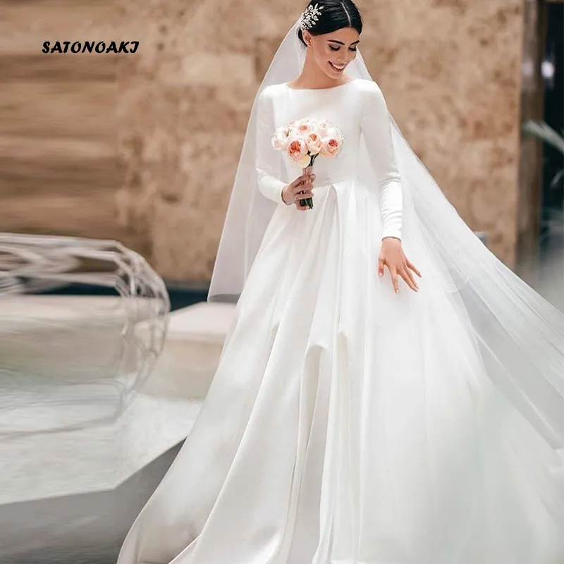 Vestidos De Novia Simple Vintage White Ivory Satin Wedding Dress for Women Long Sleeves Princesa Bridal Gown Robe Mariée France 1