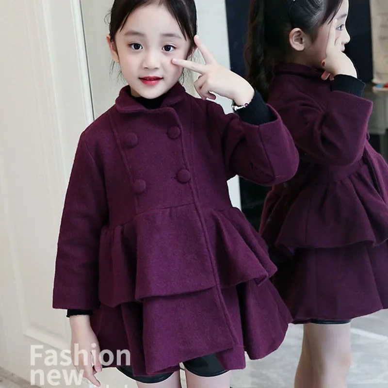 purple warm coats Шерстяное многослойное зимнее платье для больших девочек; пальто; плотные теплые куртки с оборками; Верхняя одежда для маленьких девочек; осенние детские топы; одежда красного и фиолетового цвета - Цвет: purple warm coats