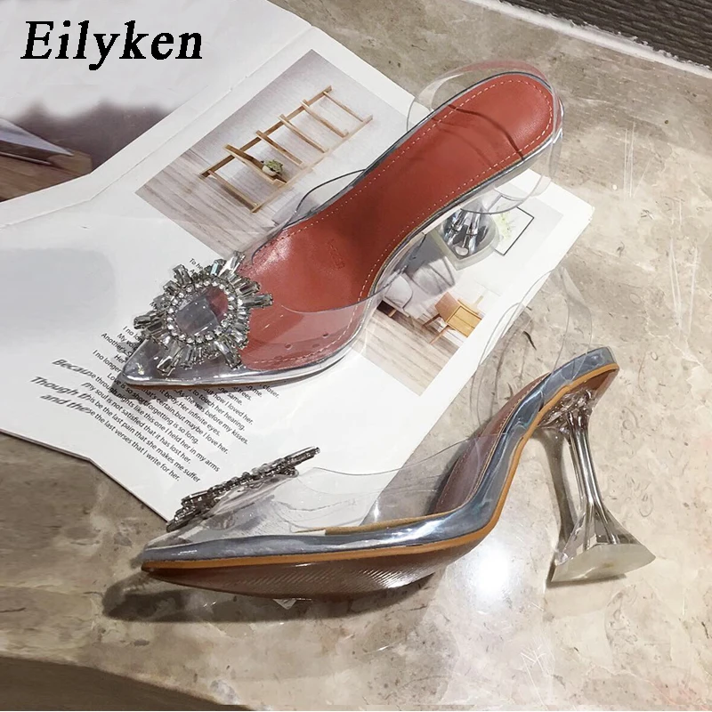 Eilyken желтые прозрачные женские туфли из ПВХ лодочки с острым носком и кристаллами