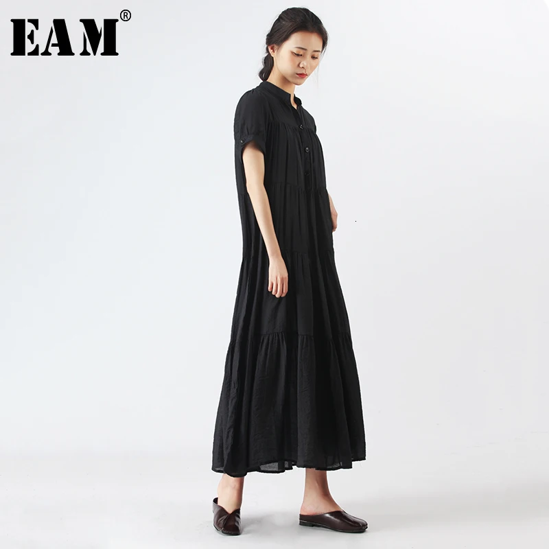 

[EAM] 2019 New Spring Summer Stand Collar Short Sleeve Pleated Split Joint Long Temperament Dress Women Fashion Tide JW765
