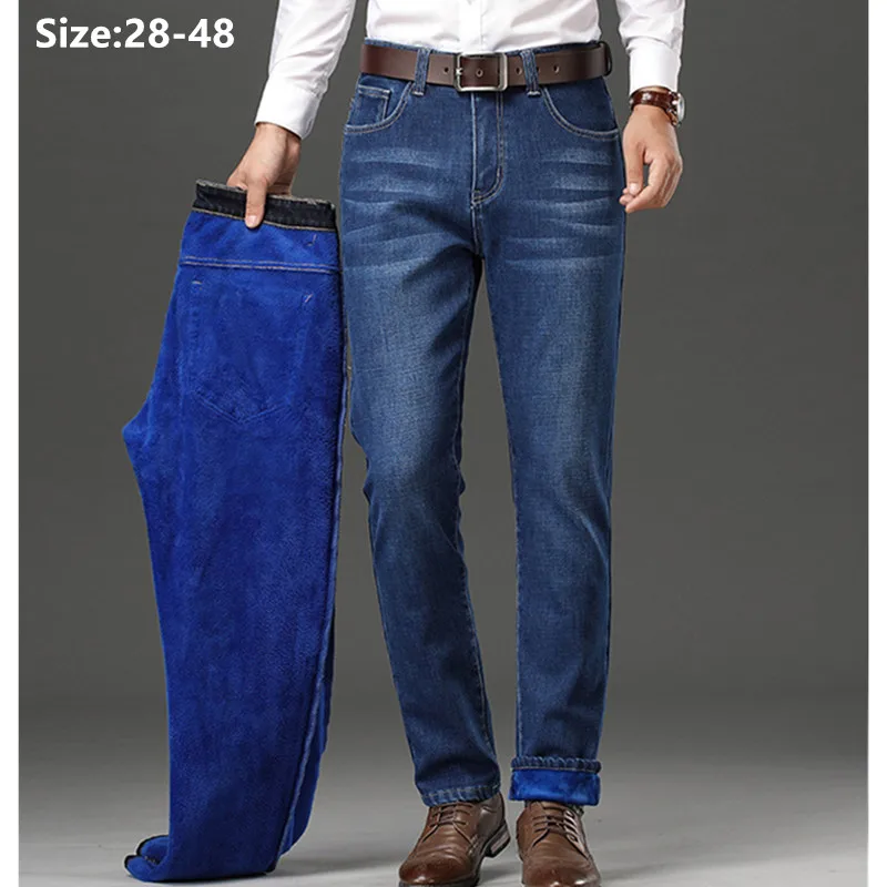 

Men Jeans Winter Fleece Pants Warm Slim Fit Stretched Velvet Oversized Large Blue Male Plus Size 40 42 44 46 48 Denim Trousers