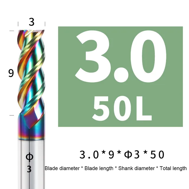 Colorful End Mill Aluminium HRC55 3F Milling Cutter Acrylic Wood Copper Plastic Cutting Tool CNC Maching Milling Tools Endmils 3X9XD3X50L