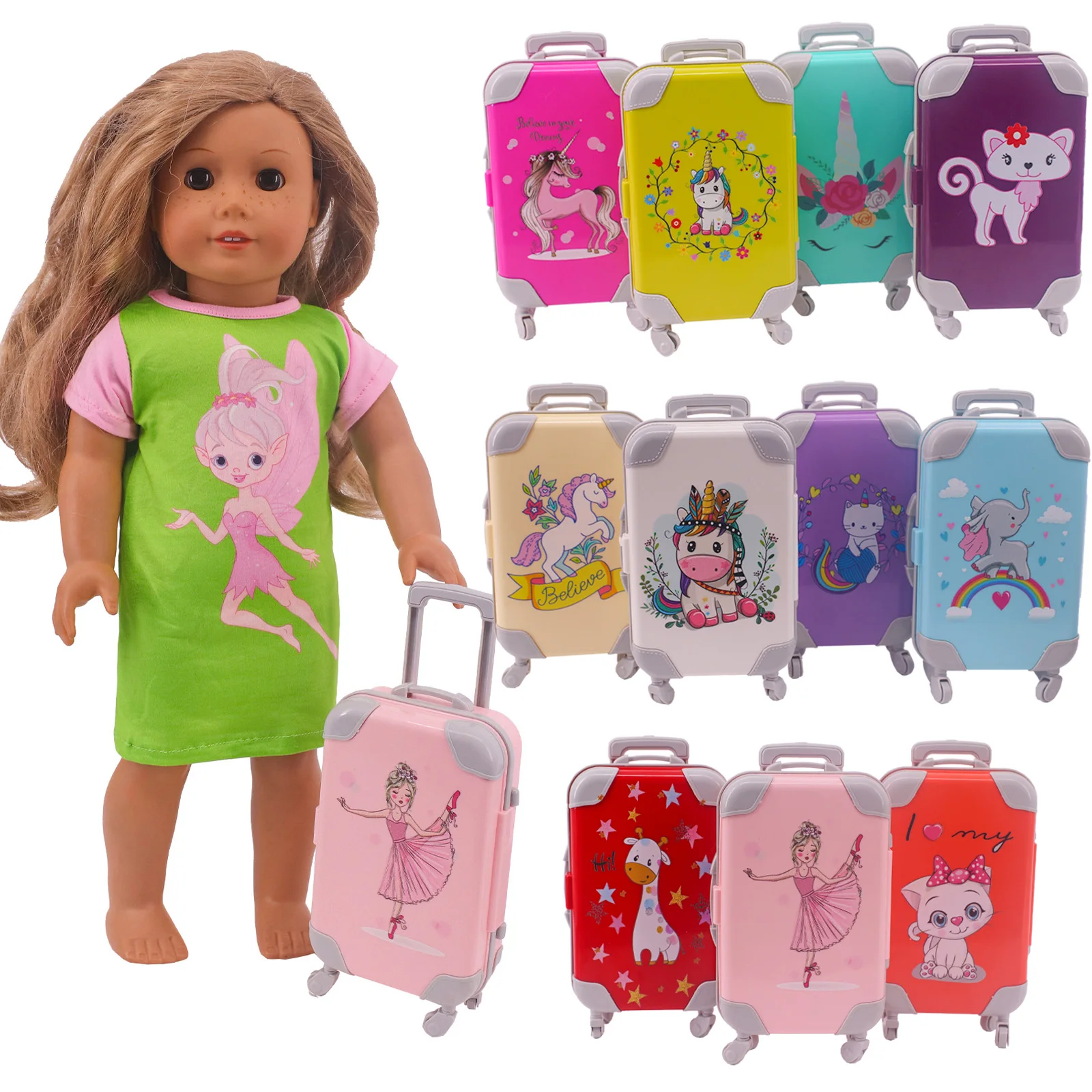 Dollhouse Printed Style Doll Suitcase Fit 18 Inch American And 43cm Reborn Baby Doll Accessories ,Our Generation ,DIY Toys