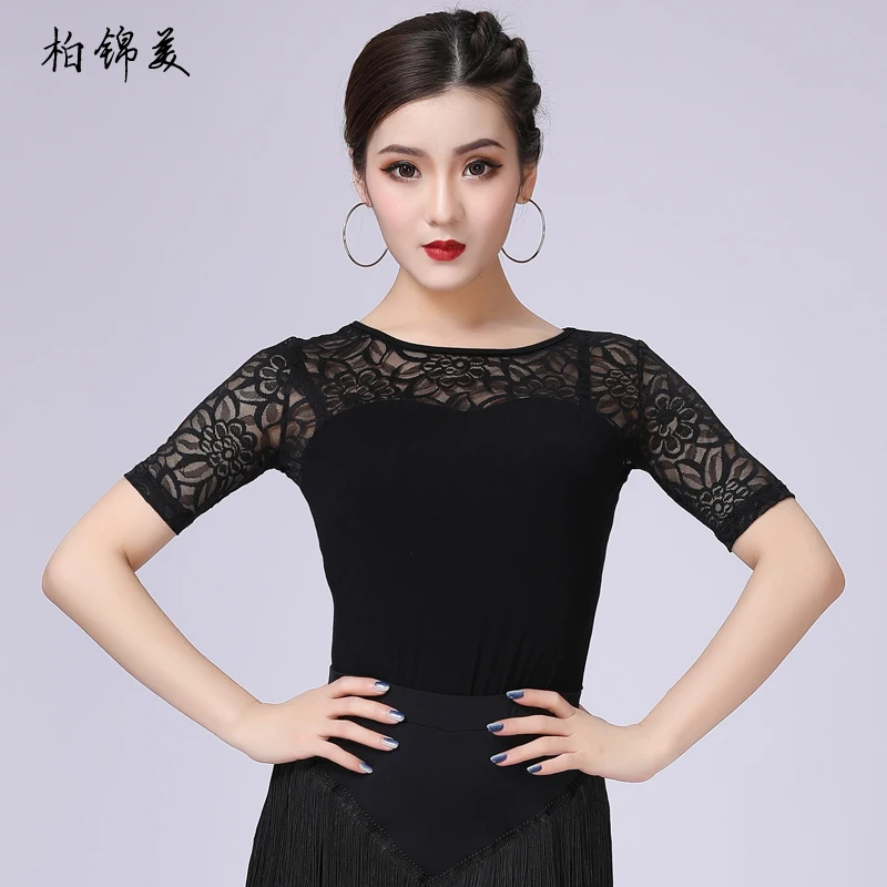 

Latin dance shirt female short-sleeved adult clothing new lace competition performance modern dance practice clothes national st