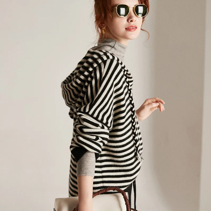  women's black white striped cashmere sweaters pullover long sleeve plus size loose Female hooded kn
