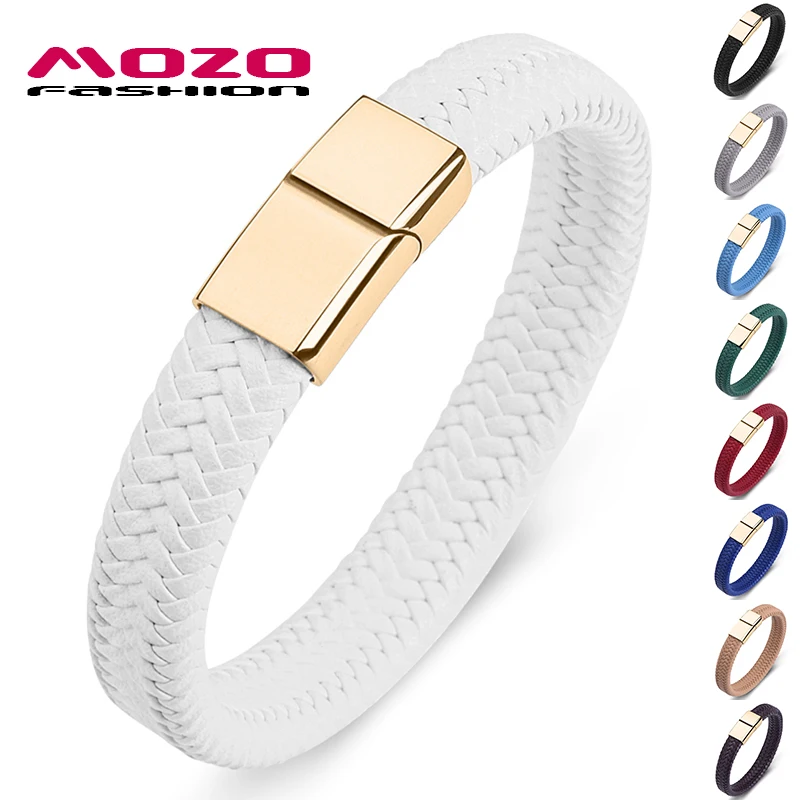 

MOZO FASHION 2020 Punk Men Jewelry White Braided Leather Bracelet Gold Stainless Steel Magnetic Clasp Trendy Women Bangles 161