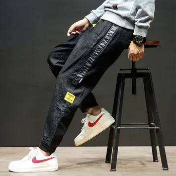 

2019 Fashion Black Retro Classic Denim Men Harajuku Pant Straight Printing Pocket Haren trouser Loose Leisure stitch washed jean