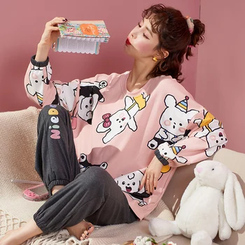 

Winter Pajamas for Women Loose Cotton Women's Pajamas Simple Blue Letter Pattern Pullover Sleepwear Thicken Keep Warm Home Suit