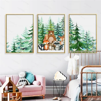 

Nordic Fox Deer Bear Animals Nursery Art Painting Tree Canvas Print Wall Picture For Kids Boy Room Decor Unframed