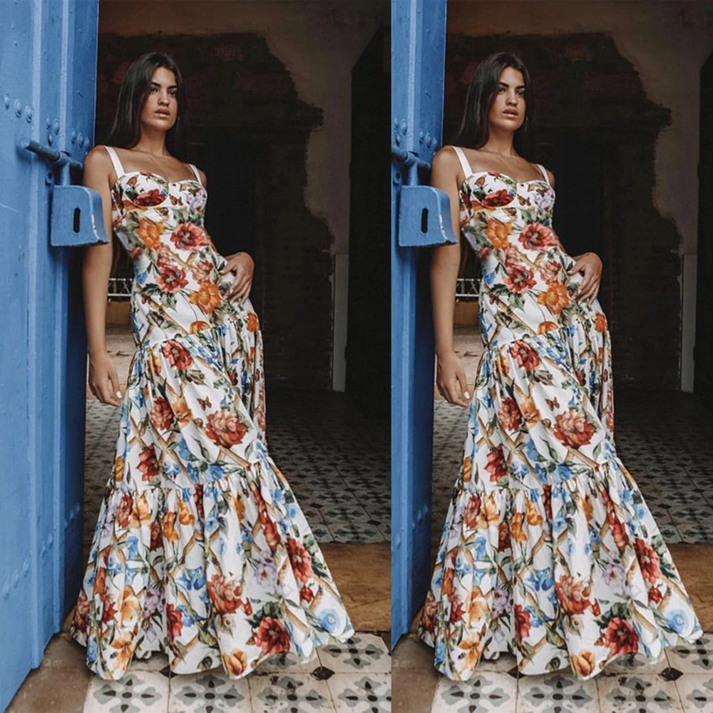 

Sexy Floral Print Spaghetti Strap Maxi Dresses Women Fashion Sleeveless Open Back High Waist Pleated Summer Beach Dress Robes