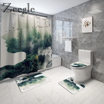 

Nordic Style Printed Shower Curtain with Bath Mat Set Modern Character Bathroom Floor Mat Bathroom Combination Carpet Set