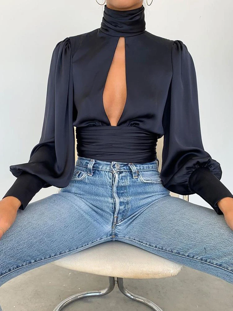 

2019 Autumn Women Elegant Fashion Basic Shirt Female Casual Party Sexy Blouse Keyhole Backless Long Lantern Sleeve Top