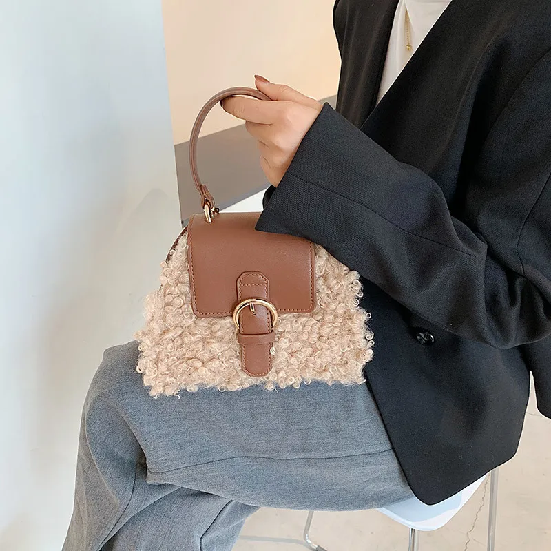

Mini Flap Crossbody Women's Bag High Quality Pure Color Pu Leather Clutch Bags Ladies Personalized Warm Wool Shoulder Tote Bag