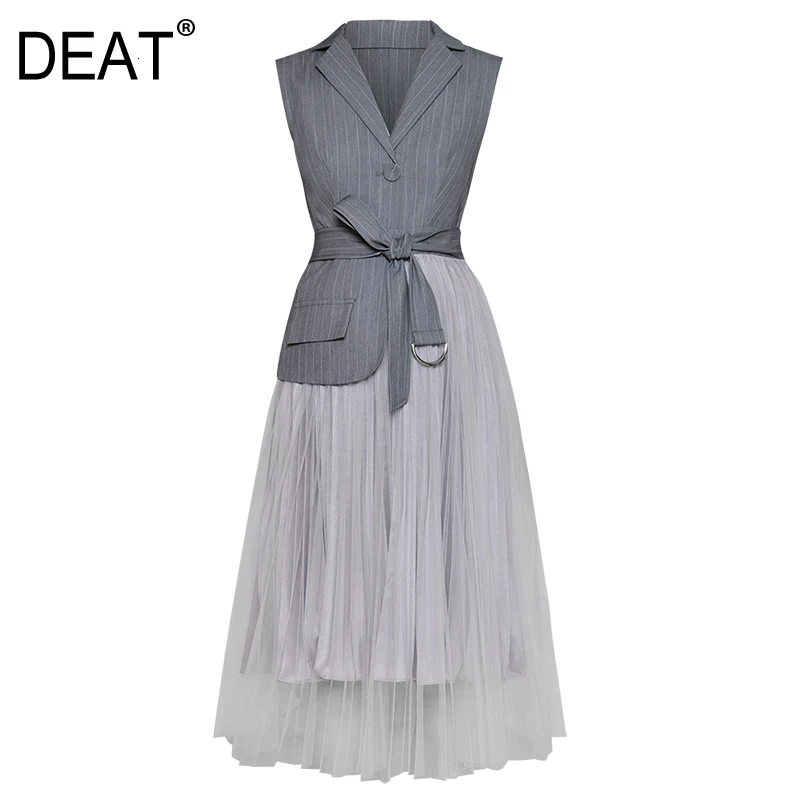 

[DEAT] 2020 Spring Woman Gray Color Sleeveless Single Button Turn-down Collar Asjustable Waist Spliced Mesh Dress LD627