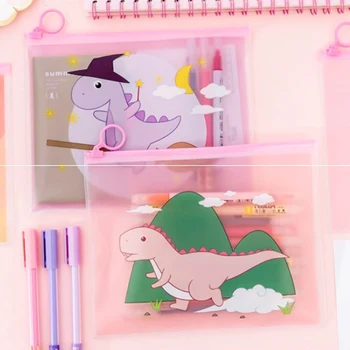 

Dinosaur Pencil Bag Student PVC Waterproof Zipper Ring File Bag Cartoon Multifunction Document Holder School Office Stationery