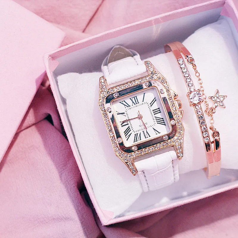 White and bracelet Женские часы с бриллиантами, Звездные роскошные часы с браслетом, женские повседневные кварцевые наручные часы с кожаным ремешком, женские часы zegarek damski - Цвет: White and bracelet