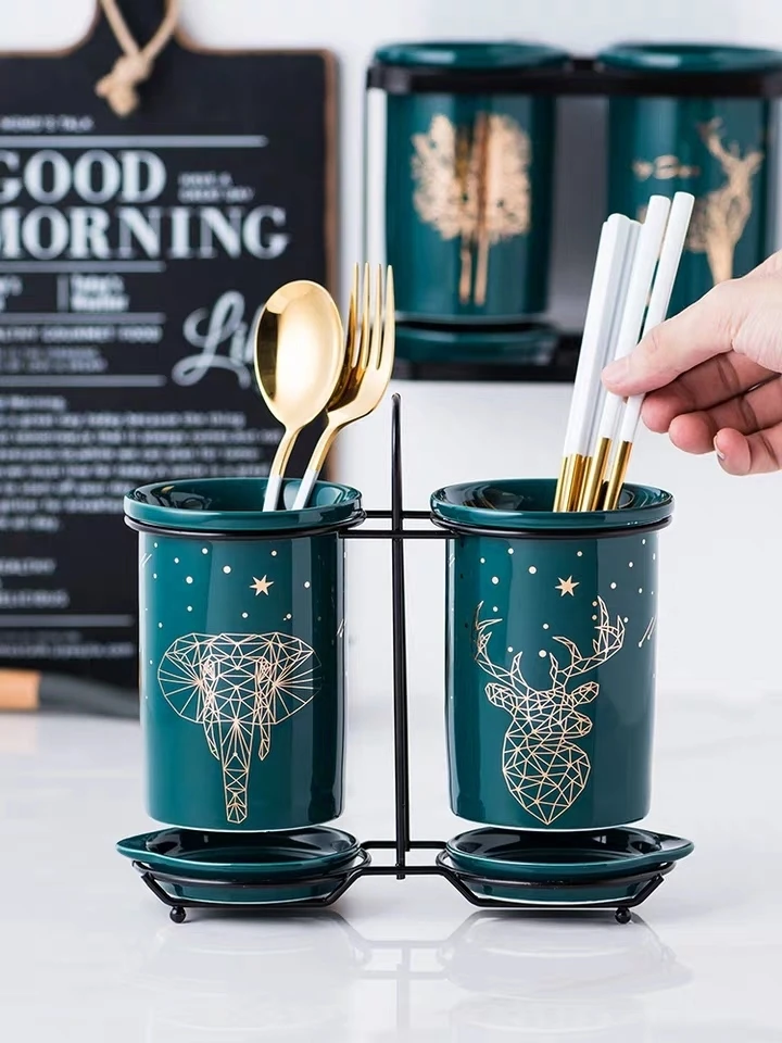 Kitchen Storage Box Ceramic Chopsticks Tube Drain Rack Spoon Bucket