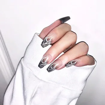 

24pcs Punk Style False Nails Black Fire Full Nail Tips with Glitter Powder Fake Nail Art Manicure