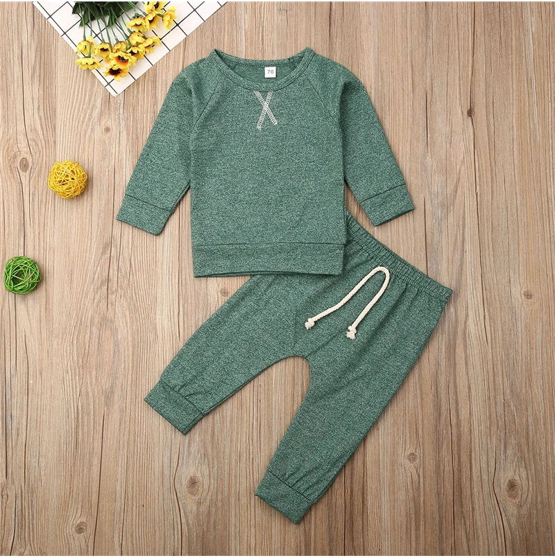 Осенний комплект одежды для новорожденных мальчиков и девочек 0-24 месяцев, однотонный топ с длинными рукавами и штаны, пижамный комплект, одежда для сна, комплект одежды