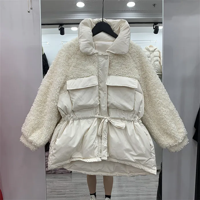 Зимнее женское пальто, лоскутные куртки, настоящая овечья шерсть, 90% белый утиный пух, пальто с завязками на талии