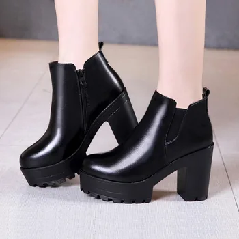 

Muffin boots autumn and winter thick heel platform large 40-43 high heeled boots British style barefoot women