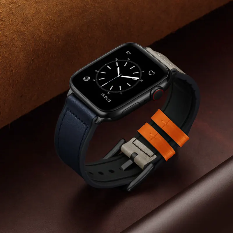 Ремешок для Apple Watch 42 мм 44 мм 40 мм 38 мм устойчивый к поту из натуральной кожи и резины Гибридный ремешок для iWatch серии 5/4/3/2/1