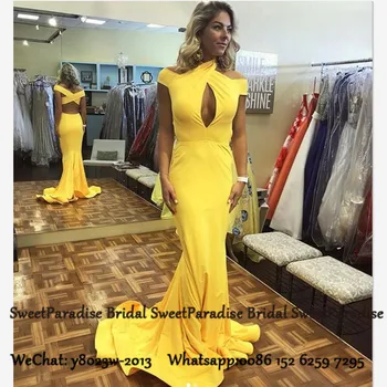 

Gold Yellow Long Mermaid Prom Dresses Sexy Criss Cross Back Keyhole Neck Formal Evening Dress Party Gown Vestido De Festa