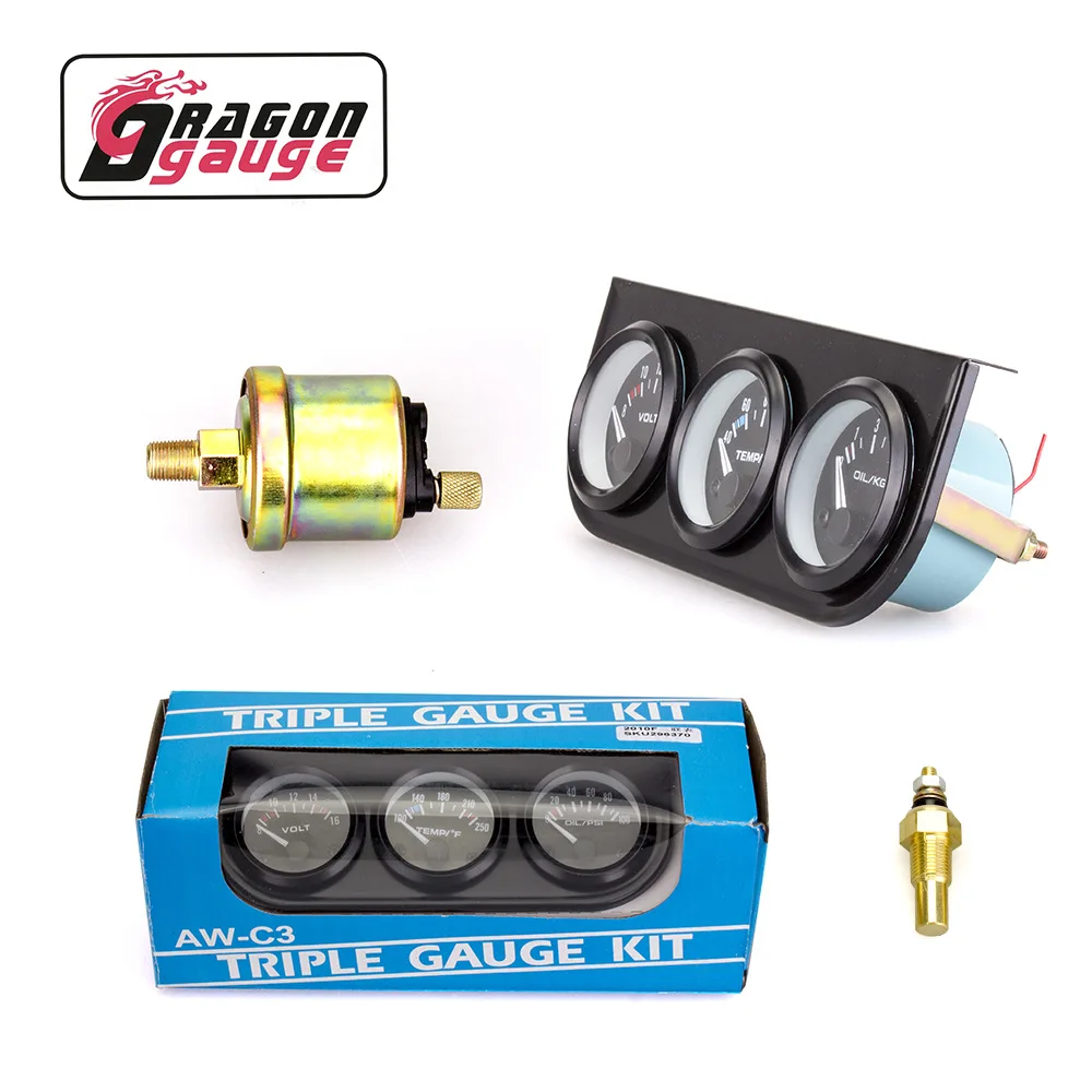 

GRAGON GAUGE 12V Universal 52MM 3 In 1 Volt Meter Water Temp Gauge Oil Pressure Gauge Kit Volt Meter Oil Temperature Gauge
