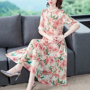 

Summer New Floral Print Women Dress With 2 Pieces Office Lady A-line Plus Size 3xl Vestidos Elegantes Women Clothes Pink Dresses