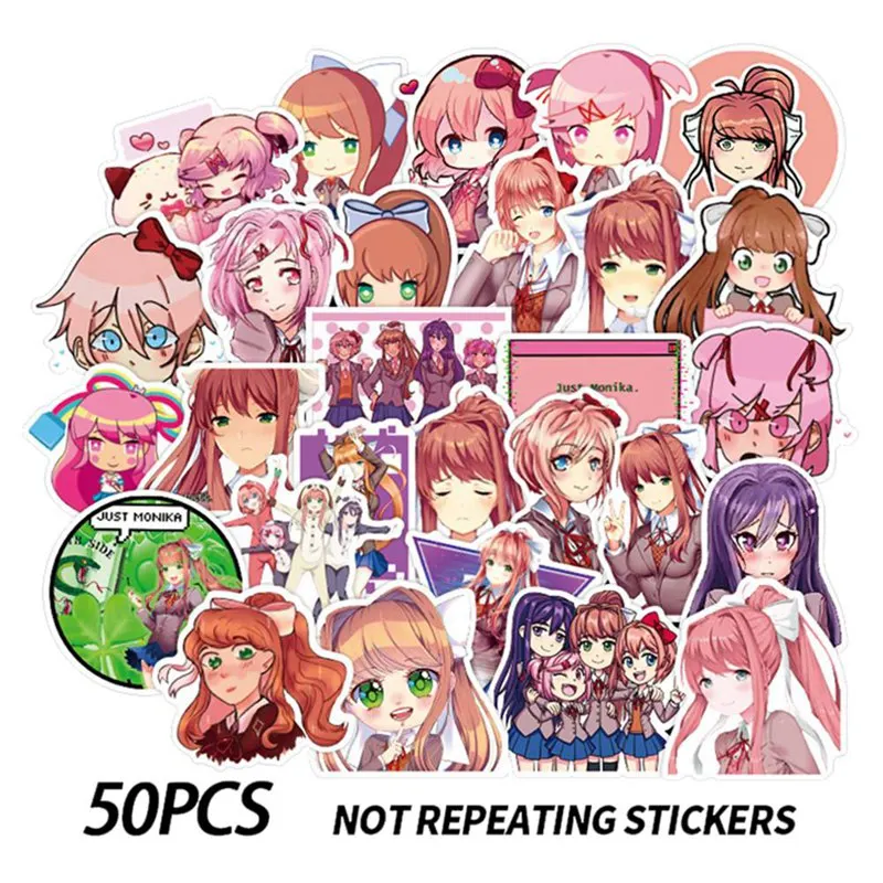 

50 Pcs/Set Anime Games Doki Doki Literature Club Stationery Stickers For Luggage PVC Cartoon Suitcase Laptop Skateboard Stickers