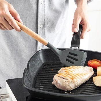 

Silicone Kitchenware Set with Wooden Handle Containing Storage Bucket Nonstick Spatula Cooking Tool Set Kitchen Tools