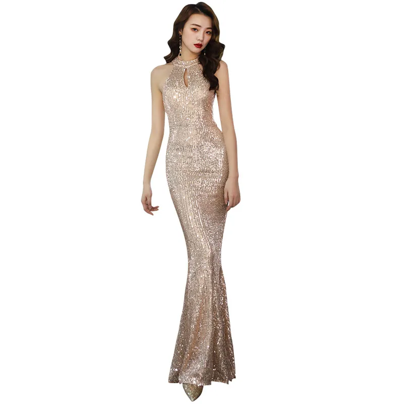 Вечернее платье с высоким воротником, без рукавов, без спинки, расшитое блестками, женские вечерние платья, сексуальные открытые вечерние платья F090