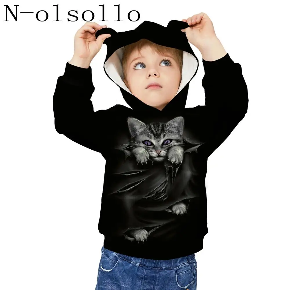 N-olsollo Винтаж кошки 3D печатных дети Толстовка с ушками, с карманами, на возраст от 4 до 15 лет, Детская Модные свитеры с капюшоном пуловеры Новые Топы