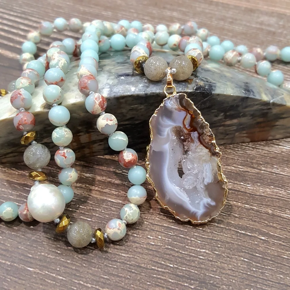 

Lii Ji Natural Stone Druzy Crystal Agate Labradorite Jasper Bohemia Mala 108 Necklace 35.5 inch Hand Made Jewelry Drop Shipping