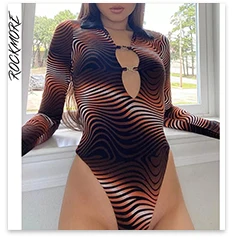 Rockmore Fishnet Transparent Long Sleeve Panelled Bodysuit Women Turn-down Collar Hollow Out Femme Bodysuits Playsuit Autumn bodysuit women