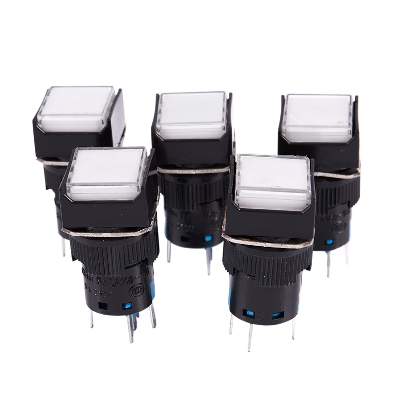 

5 Pcs White Square Cap DC 12V Light 1P2T 5 Pins Push Button Switch