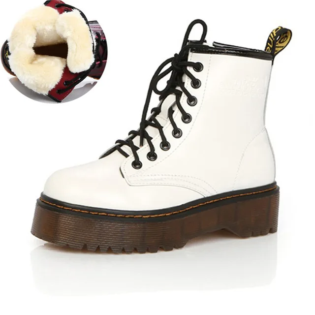 White with Fur Размеры 35-40; женские ботинки; женские Ботинки martin в байкерском стиле; обувь в стиле панк на низком каблуке; женские ботильоны; теплые зимние ботинки - Цвет: White with Fur