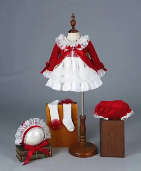 

4 PCS Girl Autumn Winter Spring Red Velvet Vintage Spanish Princess Lolita Pompom Ball Christmas Birthday Wedding Party Dress