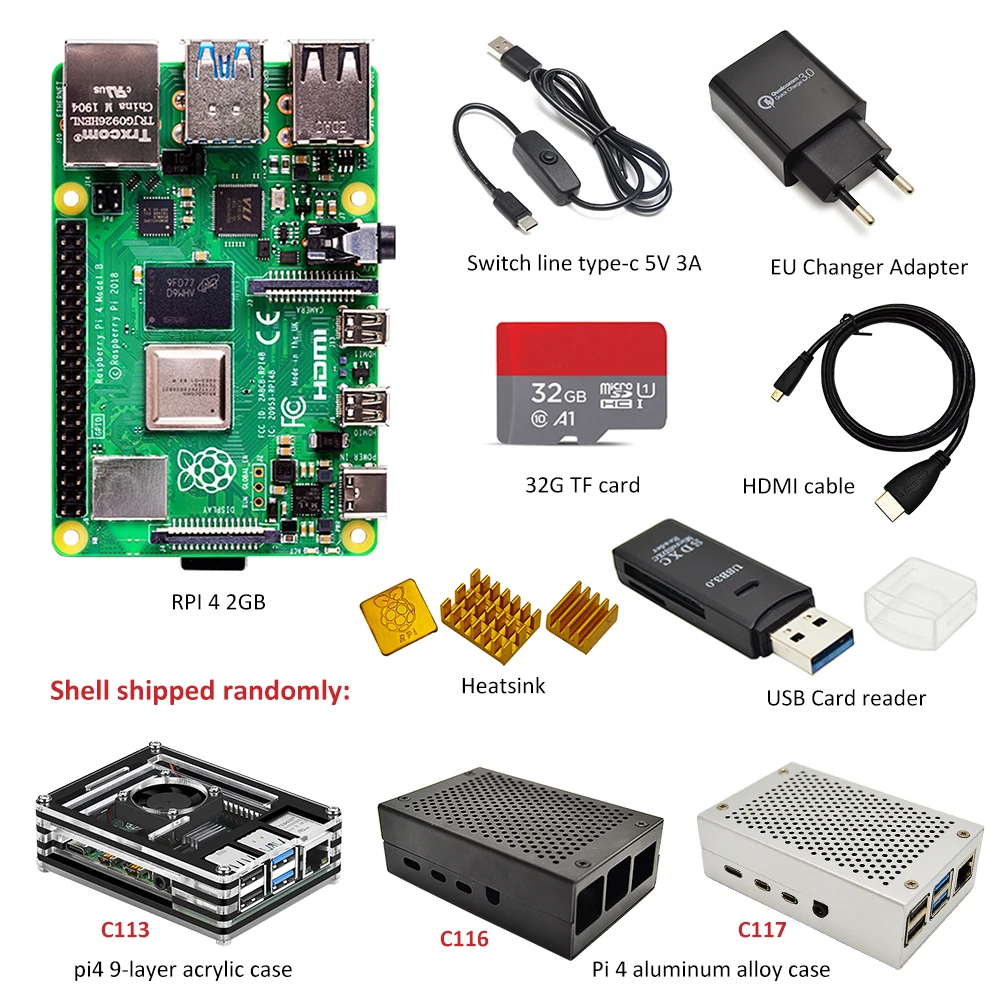  Raspberry Pi 4 B 4GB/2GB kit 3 kinds of case + EU power adapter + switch line + 16GB / 32GB TF card